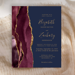 Lámina Invitación de boda dorada de ágata de Borgoña econ