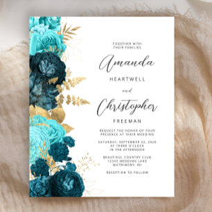Lámina Invitación de boda dorada floral aguamarina teal e
