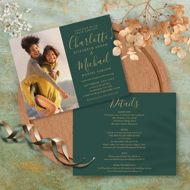 Lámina Invitación de boda dorada verde de foto todo en un (Budget All In One Photo Green Gold Wedding Invite)