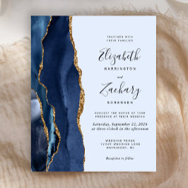 Lámina Invitación de boda dorada y azul marino con ágata