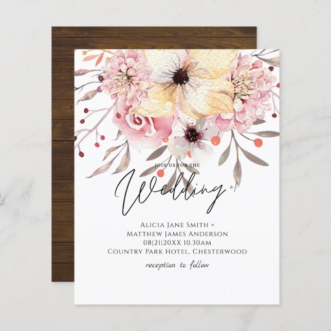Lámina Invitación de Boda Económica con Floral Rosa Paste (Anverso / Reverso)