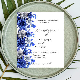 Lámina Invitación de boda económica con flores azules y b