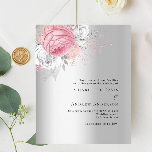 Lámina Invitación de boda económica con flores plateadas  (Subido por el creador)