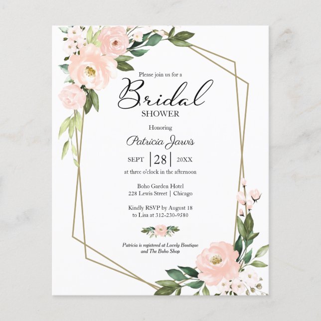Lámina Invitación de boda económica con flores rosadas (Anverso)