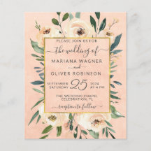 Invitación de boda económica floral beige dorado r