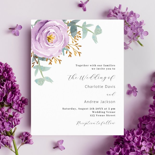 Lámina Invitación de boda económica floral púrpura violet (Subido por el creador)