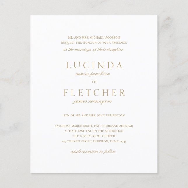 Lámina Invitación de boda elegante con presupuesto dorado (Anverso)