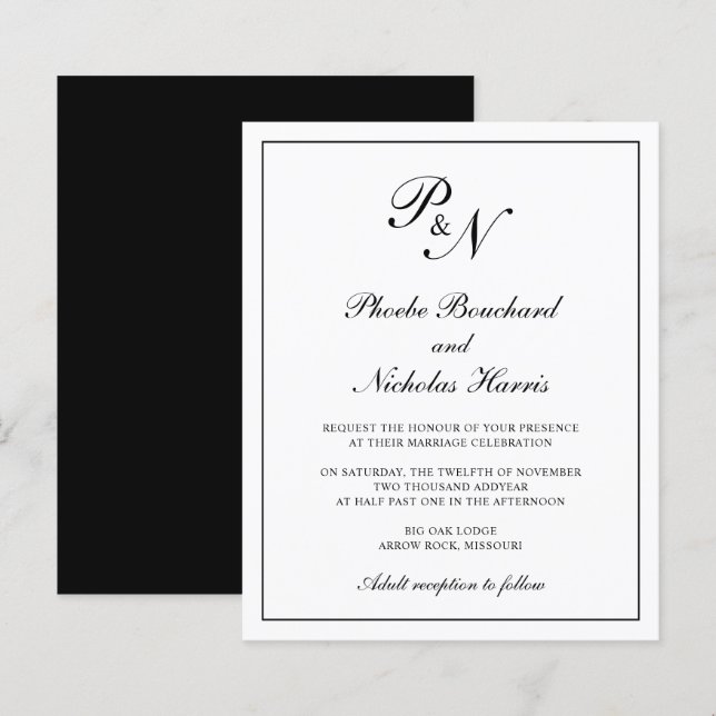 Lámina Invitación de boda elegante en blanco y negro con  (Anverso / Reverso)