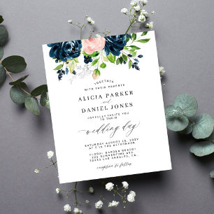 Lámina Invitación de boda elegante floral rosa naval econ