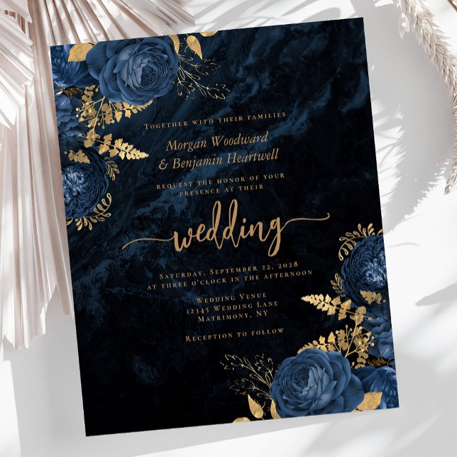 Lámina Invitación de boda floral azul marino dorado presu (Subido por el creador)