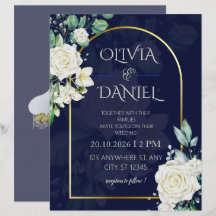 Invitación de boda floral azul marino elegante