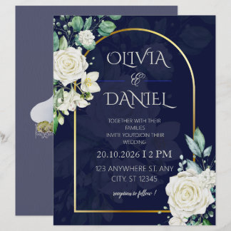 Lámina Invitación de boda floral azul marino elegante