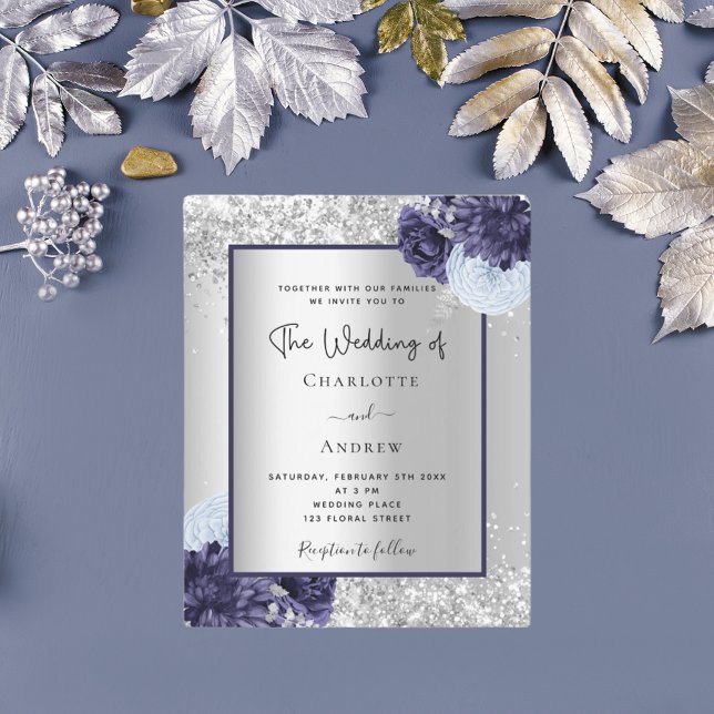 Lámina Invitación de boda floral azul marino plateado (Subido por el creador)