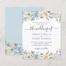 Invitación de boda floral azul polvoriento con pre