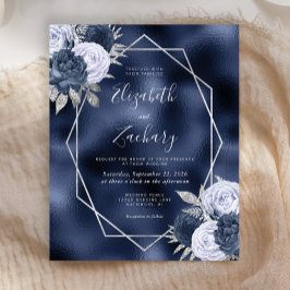 Lámina Invitación de boda floral azul polvoriento de Navy