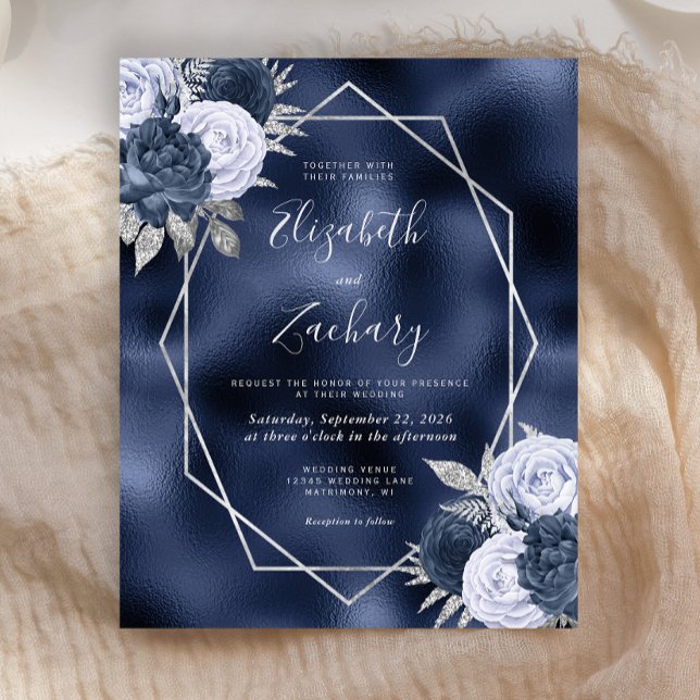 Lámina Invitación de boda floral azul polvoriento de Navy (Subido por el creador)