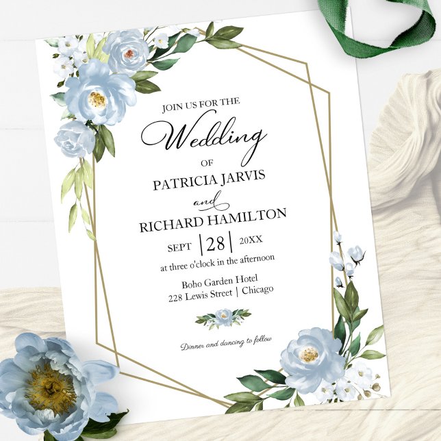Lámina Invitación de boda floral azul polvoriento económi (Subido por el creador)