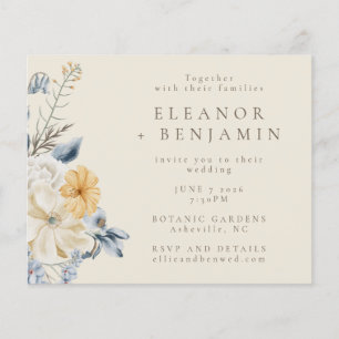 Lámina Invitación de boda floral azul rústica económica