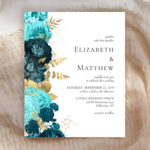 Lámina Invitación de boda floral azul teal dorado económi