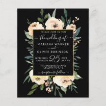 Invitación de boda floral beige dorado negro econó
