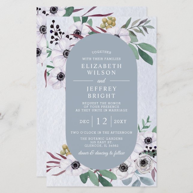 Lámina Invitación de boda floral blanca azul polvoriento  (Anverso / Reverso)