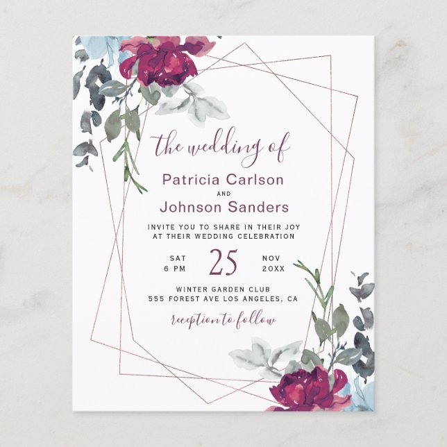 Lámina Invitación de boda floral chic de burdeos económic (Anverso)