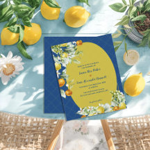 Invitación de boda floral cítrica azul elegante do