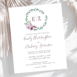 Lámina Invitación de boda floral con monograma morado pre