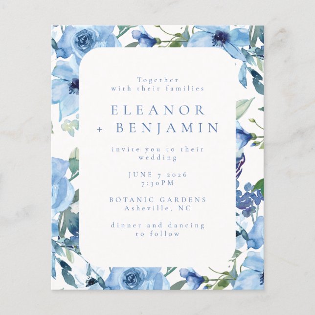 Lámina Invitación de boda floral de acuarela azul claro e (Anverso)