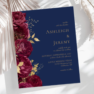 Lámina Invitación de boda floral de Borgoña navy azul pre