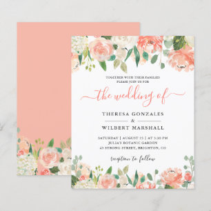 Lámina Invitación de boda floral de coral melocotón econó