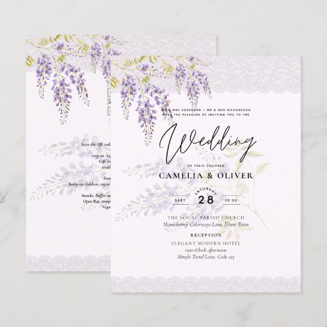 Lámina Invitación de boda floral de encaje WISTERIA morad (Anverso / Reverso)