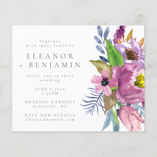 Lámina Invitación de boda floral de jardín morado presupu (Anverso)