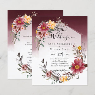 Lámina Invitación de boda floral de LeahG Borgoña Amarill