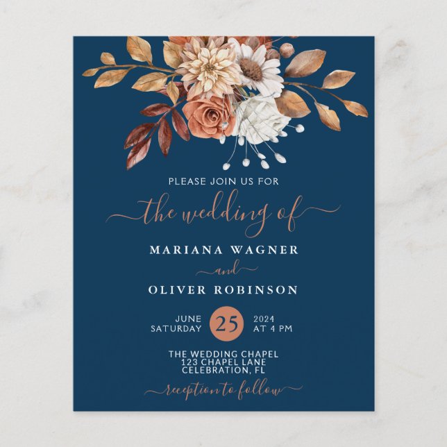 Lámina Invitación de boda floral de otoño sobre azul mari (Anverso)