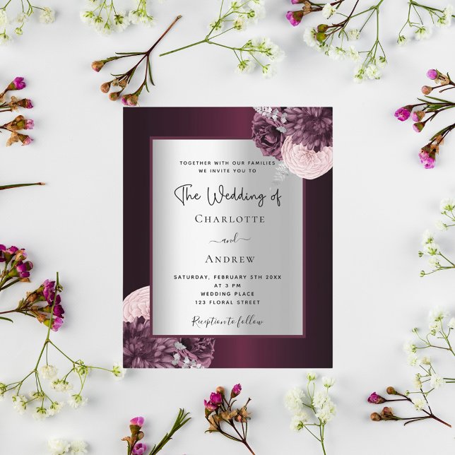 Lámina Invitación de boda floral de plata de Borgoña (Subido por el creador)