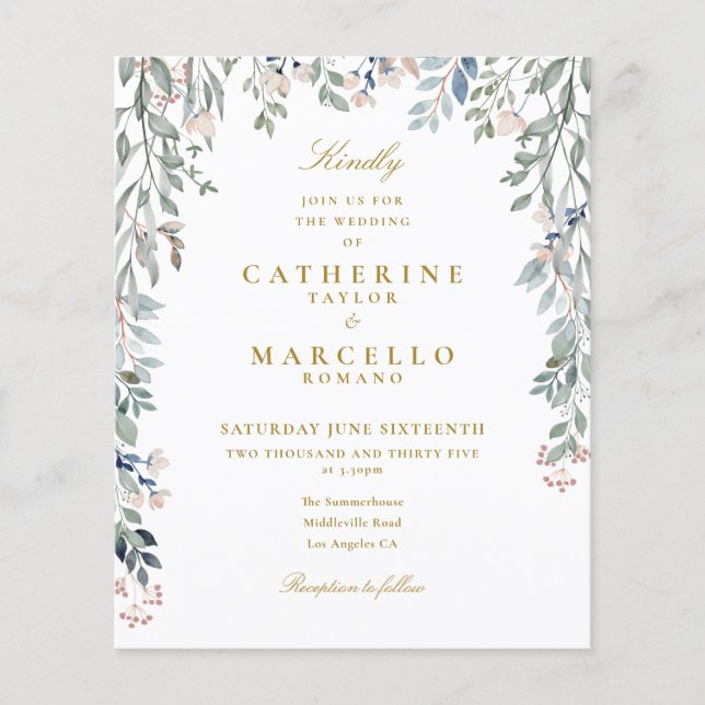 Lámina Invitación de boda floral de verde presupuesto (Anverso)