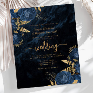 Lámina Invitación de boda floral dorada azul marino econó
