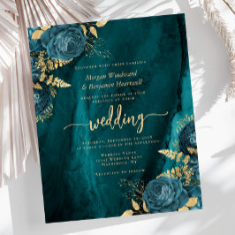 Lámina Invitación de boda floral dorada azul teal en pres