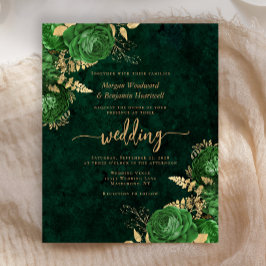 Lámina Invitación de boda floral dorada esmeralda verde p