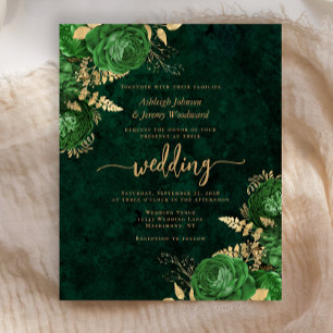 Lámina Invitación de boda floral dorada esmeralda verde p