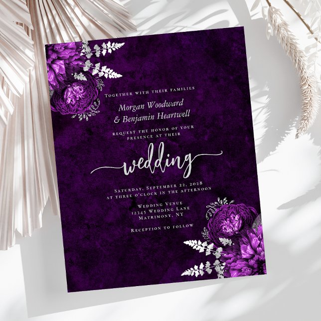 Lámina Invitación de boda floral morada plateada con pres (Subido por el creador)
