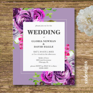 Lámina Invitación de boda floral morada romántica económi