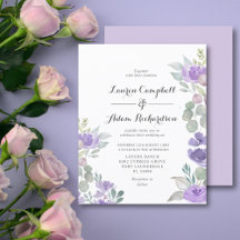 Invitación de boda floral morada y follaje con pre