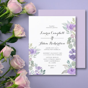 Lámina Invitación de boda floral morada y follaje con pre