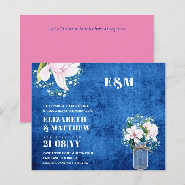 Lámina Invitación de boda floral rosa magnolias verdes PR (Anverso / Reverso)