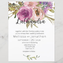 Invitación de boda floral rosa polvoriento púrpura