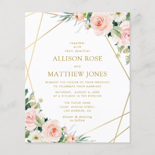 Lámina invitación de boda floral rosa rosa dorada geométr
