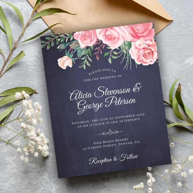 Lámina Invitación de boda floral rosa y azul marino rústi (Subido por el creador)