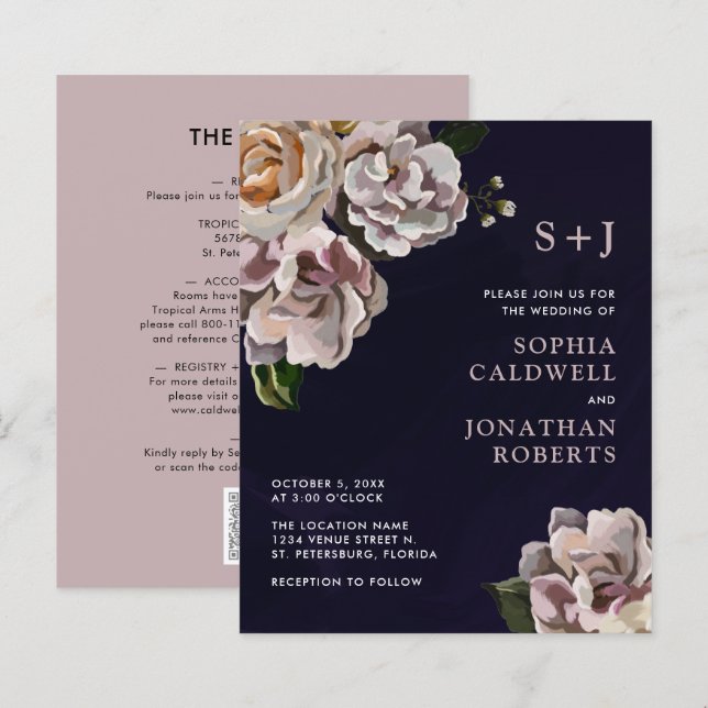 Lámina Invitación de boda floral temperamental todo en un (Anverso / Reverso)